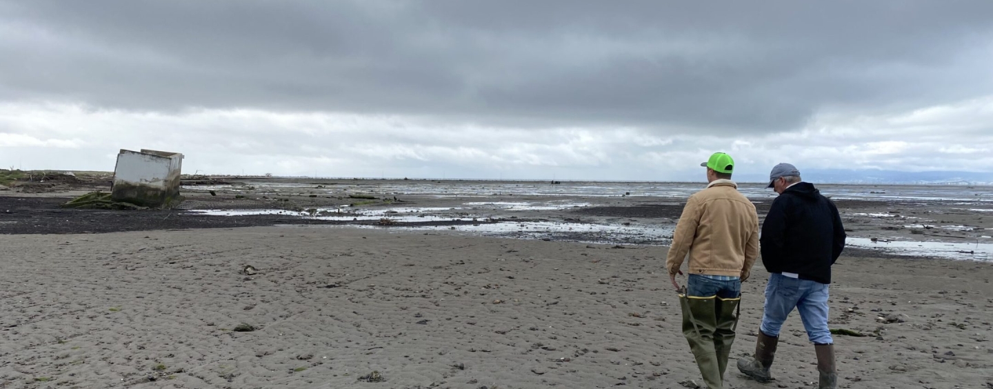 two people walking on mud flat